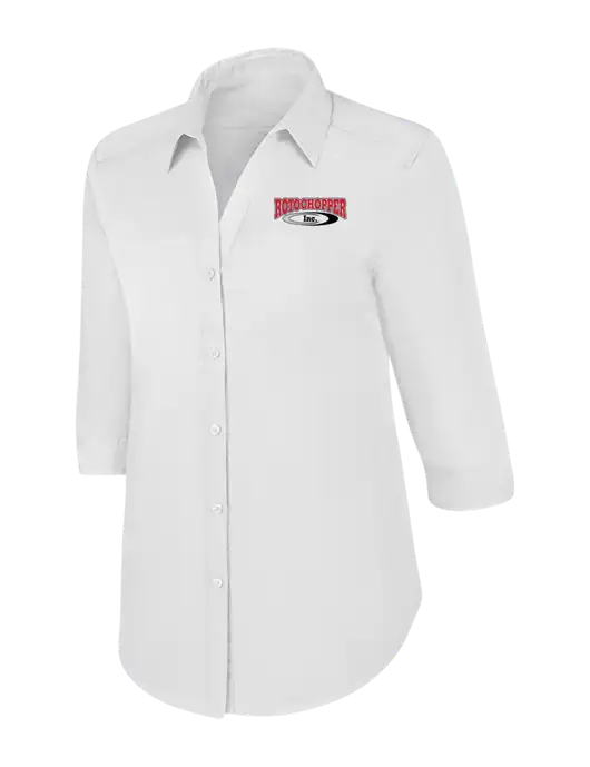 Womens White 3/4 Sleeve Carefree Poplin Shirt w/Rotochopper Logo