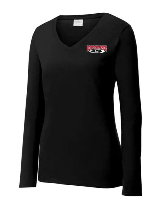 Womens V-Neck Ring Spun Jet Black 4.5 oz Long Sleeve T-Shirt w/Rotochopper Logo