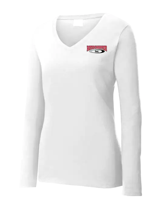 Womens  V-Neck Ring Spun White 4.5 oz Long Sleeve T-Shirt w/Rotochopper Logo