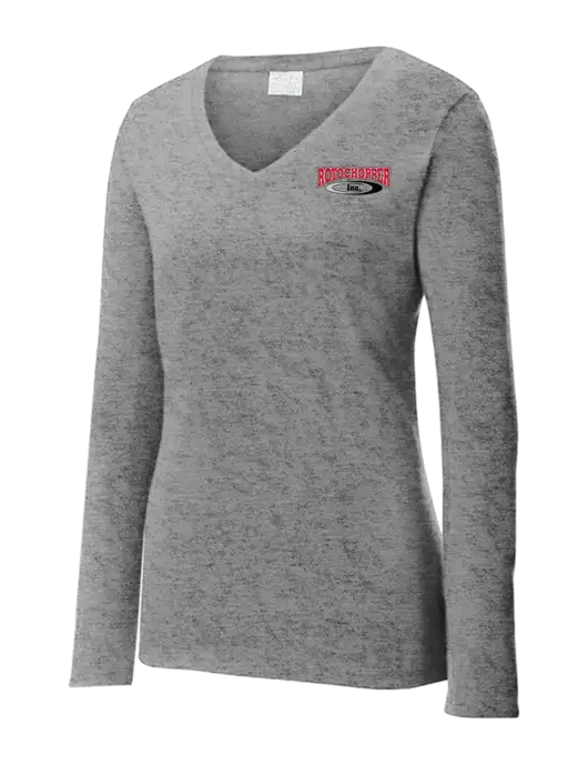 Womens  V-Neck Ring Spun Grey Heather 4.5 oz Long Sleeve T-Shirt w/Rotochopper Logo