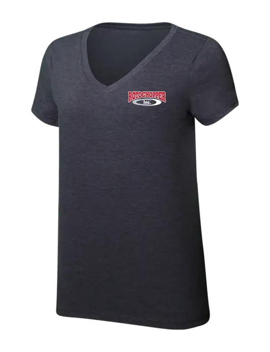 Womens Simply Soft V-Neck Heather Charcoal 4.5oz  Poly/Combed Ring Spun Cotton T-Shirt w/Rotochopper Logo