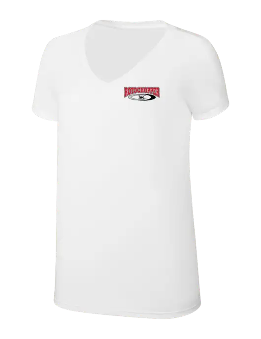 Womens Simply Soft V-Neck White 4.5oz  Poly/Combed Ring Spun Cotton T-Shirt w/Rotochopper Logo