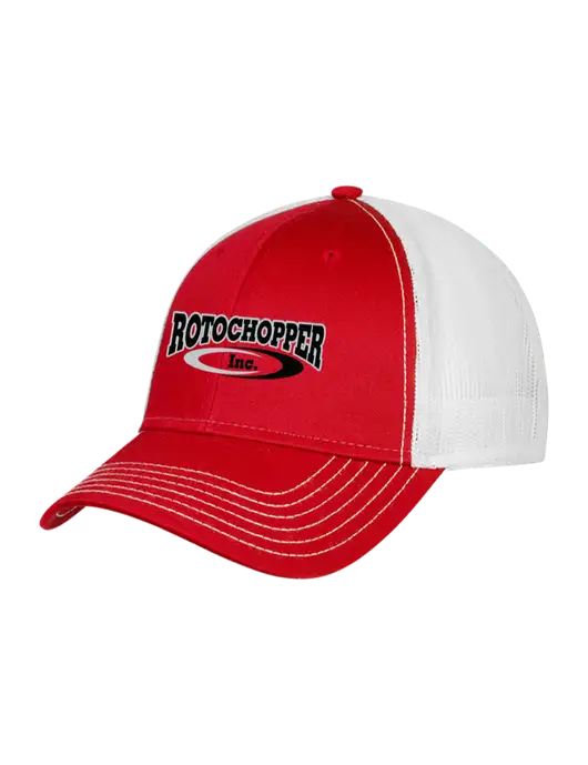 Red/White Mesh Trucker Cap Snap Back w/Rotochopper Logo