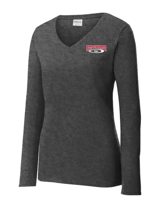 Womens  V-Neck Ring Spun Dark Heather Grey 4.5 oz Long Sleeve T-Shirt w/Rotochopper Logo