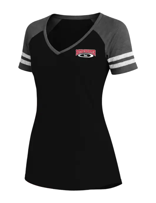 Womens Black/Charcoal Heather V-Neck Game Tee w/Rotochopper Logo
