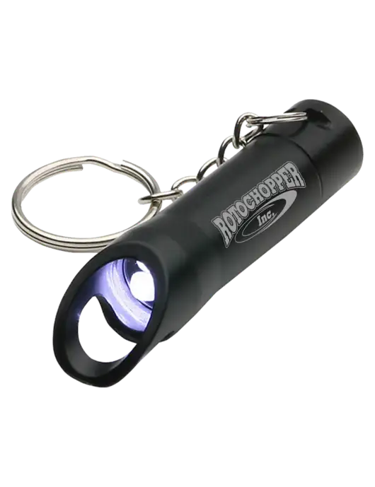 Black Pocket LED Flashlight with Bottle Opener & Keychain w/Rotochopper Logo