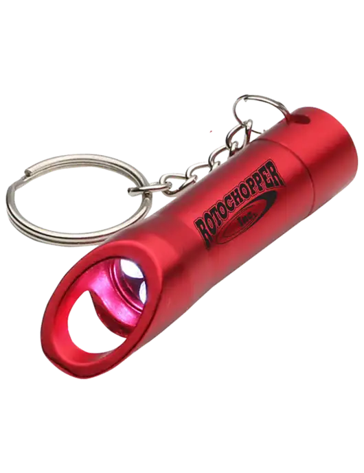 Red Pocket LED Flashlight with Bottle Opener & Keychain w/Rotochopper Logo