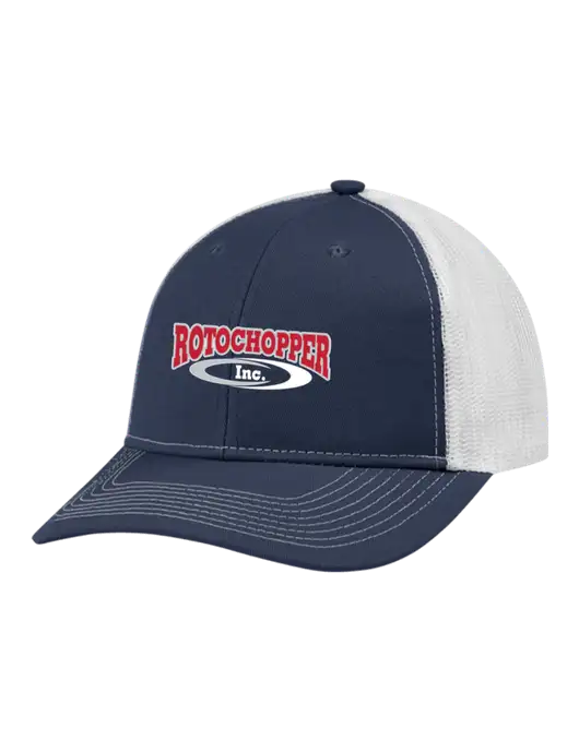Snapback Ponytail Trucker Cap Navy w/White Mesh w/Rotochopper Logo