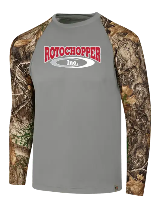 Russell Outdoors Medium Grey/Realtree Edge Camo Colorblock Performance Long Sleeve T-Shirt w/Rotochopper Logo