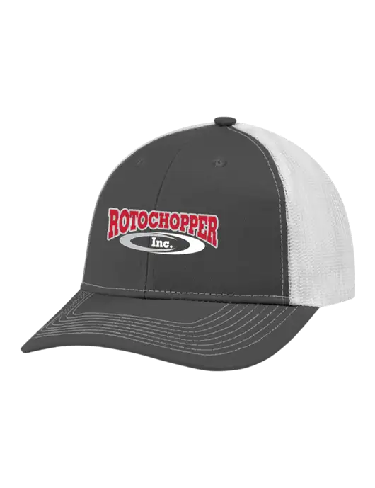 Snapback Ponytail Trucker Cap Dark Grey w/White Mesh w/Rotochopper Logo