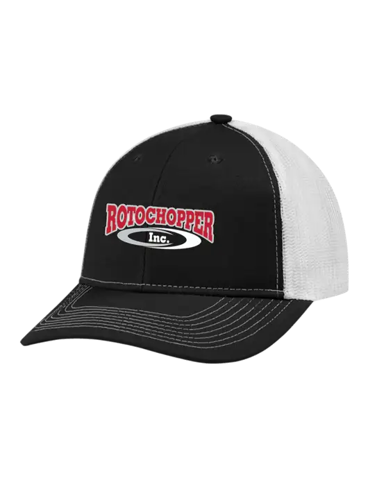 Snapback Ponytail Trucker Cap Black w/White Mesh w/Rotochopper Logo